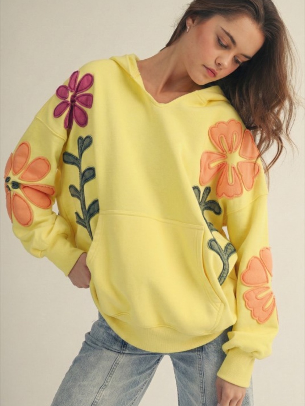 Yellow Floral Appliqué Hoodie Sweatshirt